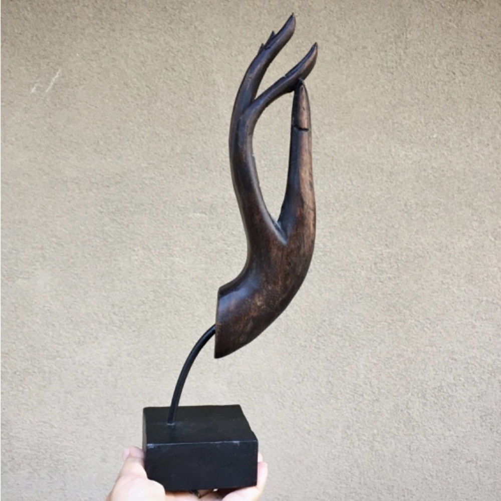 Wooden Hand Statue on Stand Ebony Wood Carving of Gyan Mudra Pose, Buddhist Art